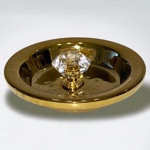 Small Trinket Ring Dish Gold Tone Ceramic with Faux Diamond Knob